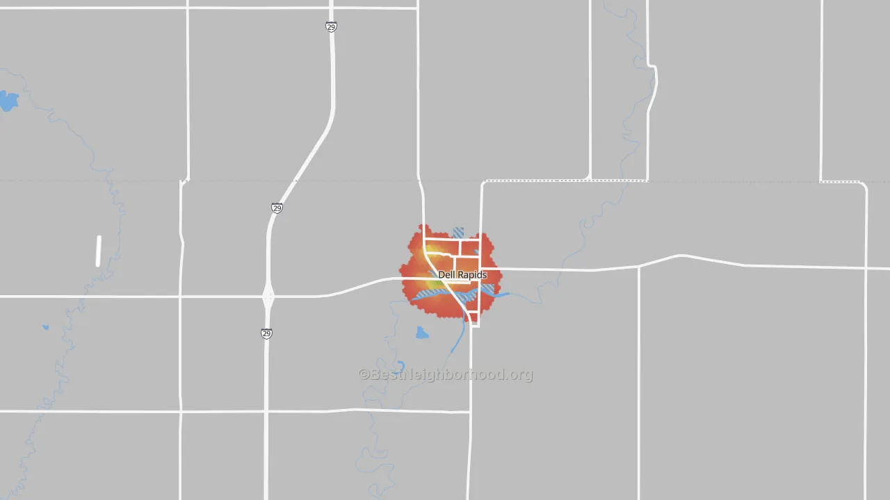 Walk Grade map of 57022, SD, walkable areas in green and car-dependent areas in red