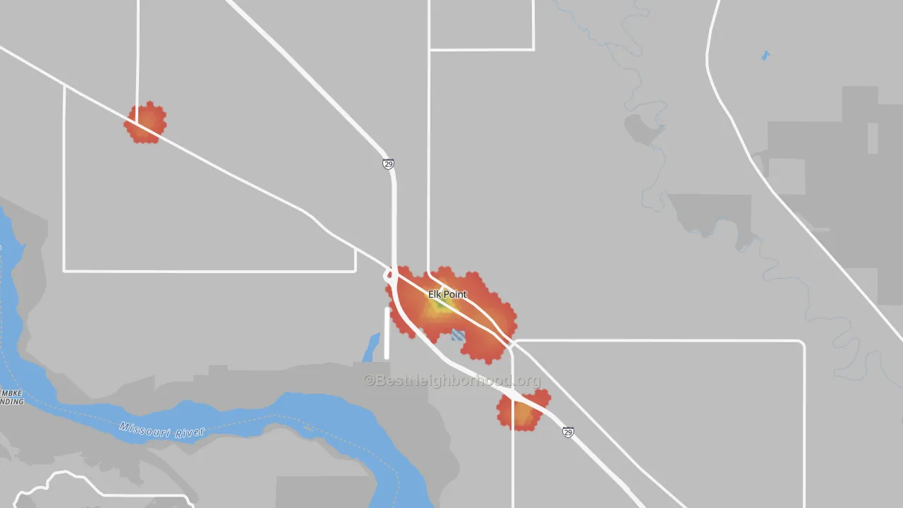 Walk Grade map of 57025, SD, walkable areas in green and car-dependent areas in red