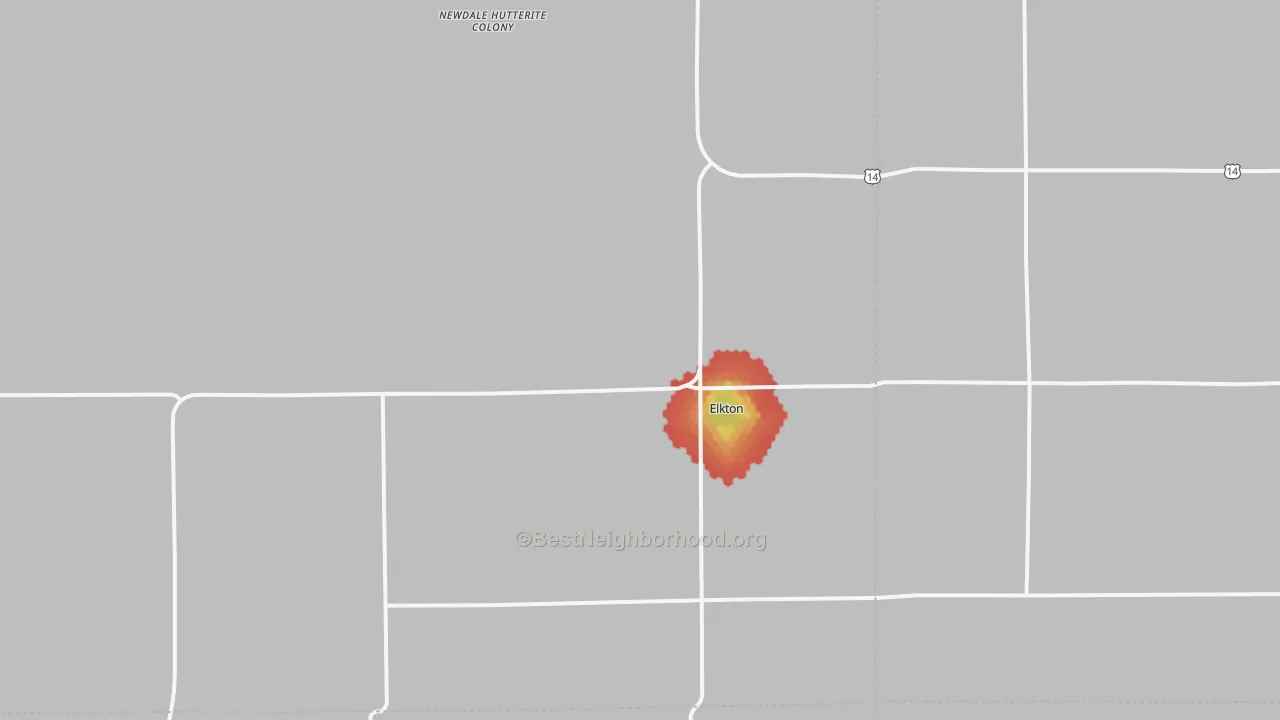 Walk Grade map of 57026, SD, walkable areas in green and car-dependent areas in red