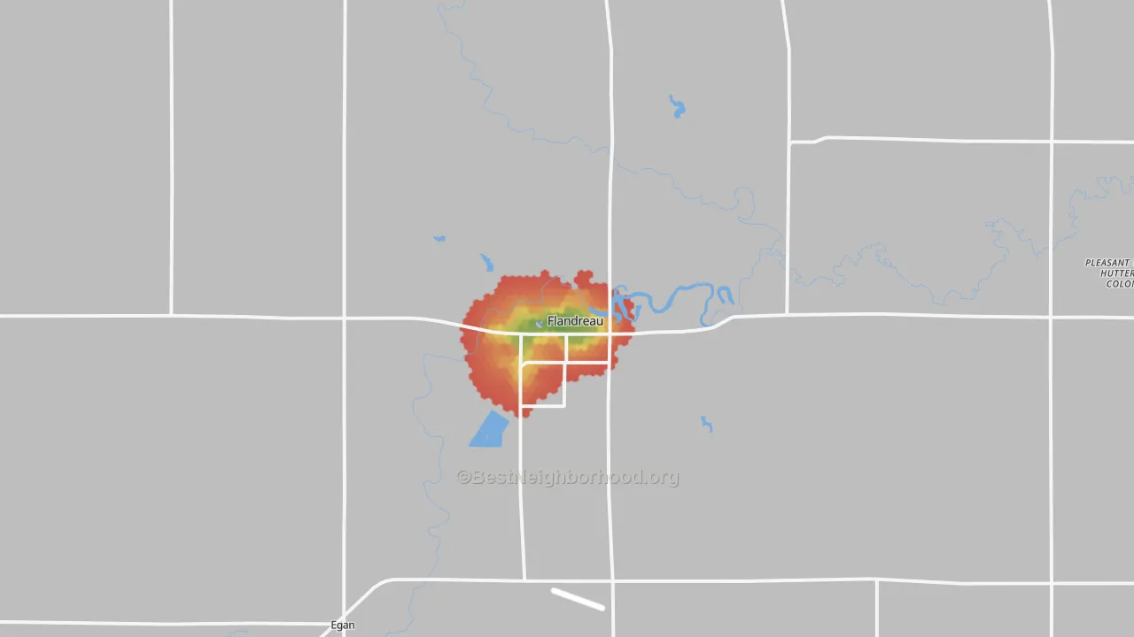 Walk Grade map of 57028, SD, walkable areas in green and car-dependent areas in red