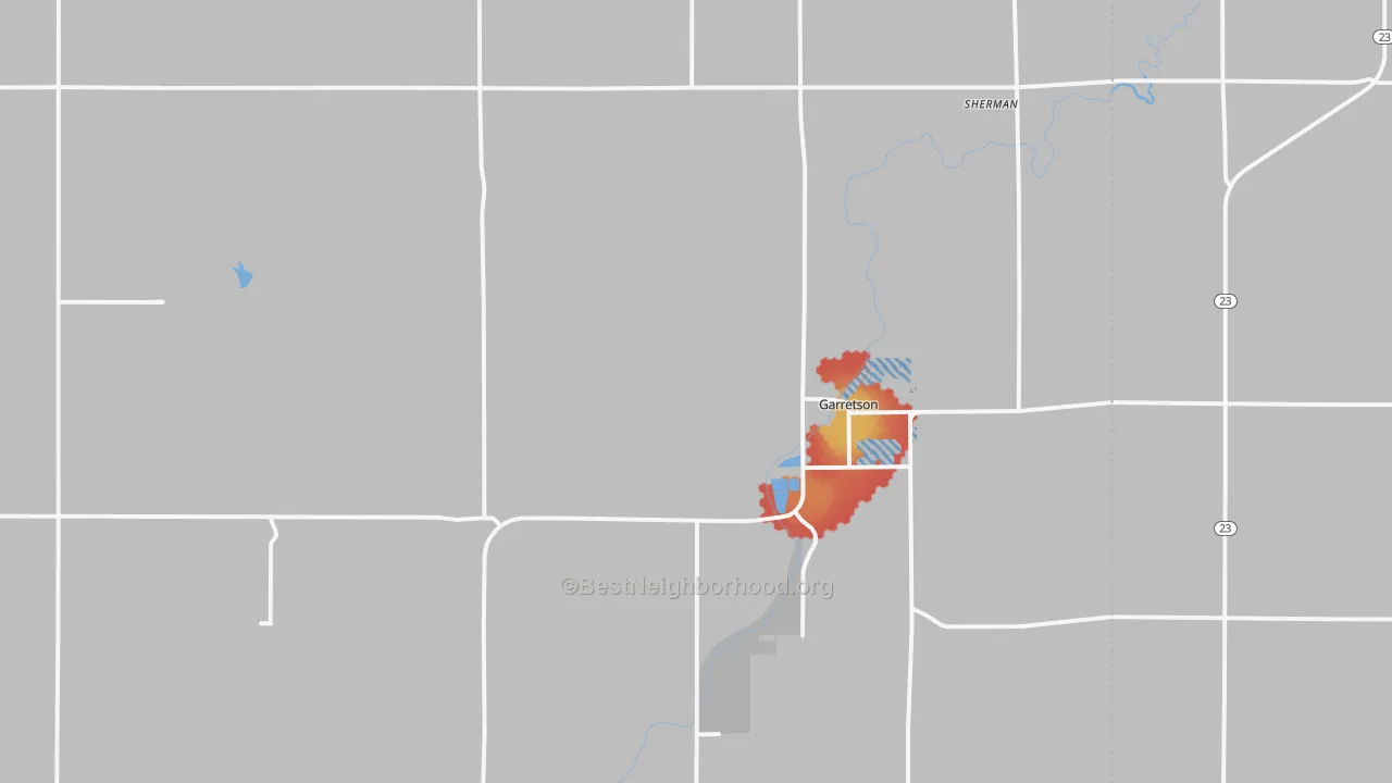Walk Grade map of 57030, SD, walkable areas in green and car-dependent areas in red