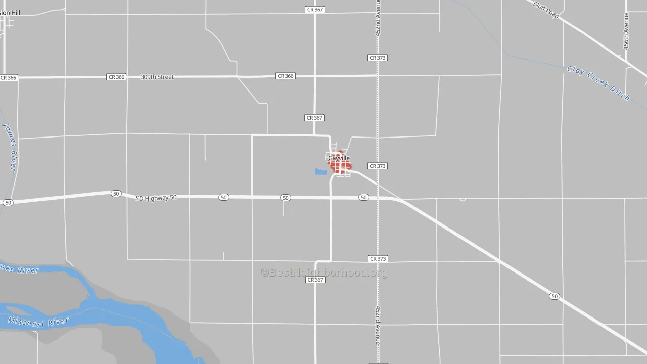 Walk Grade map of 57031, SD, walkable areas in green and car-dependent areas in red