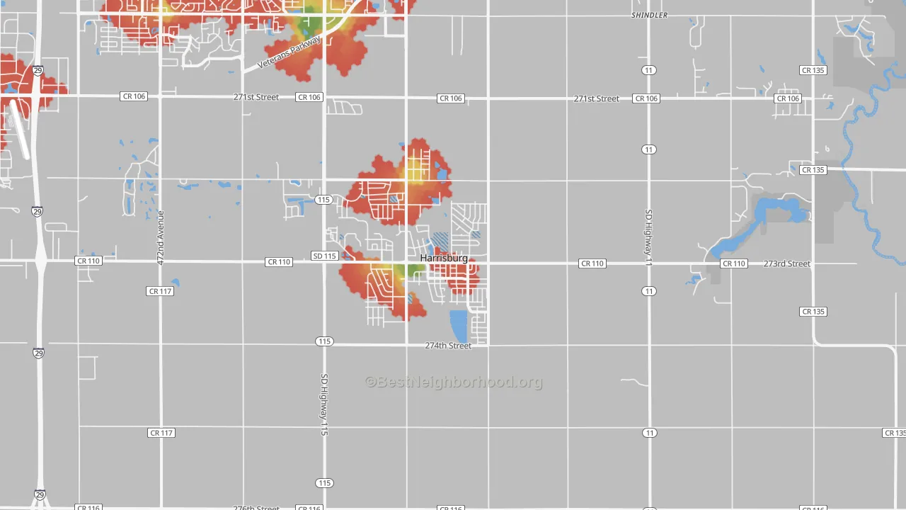 Walk Grade map of 57032, SD, walkable areas in green and car-dependent areas in red