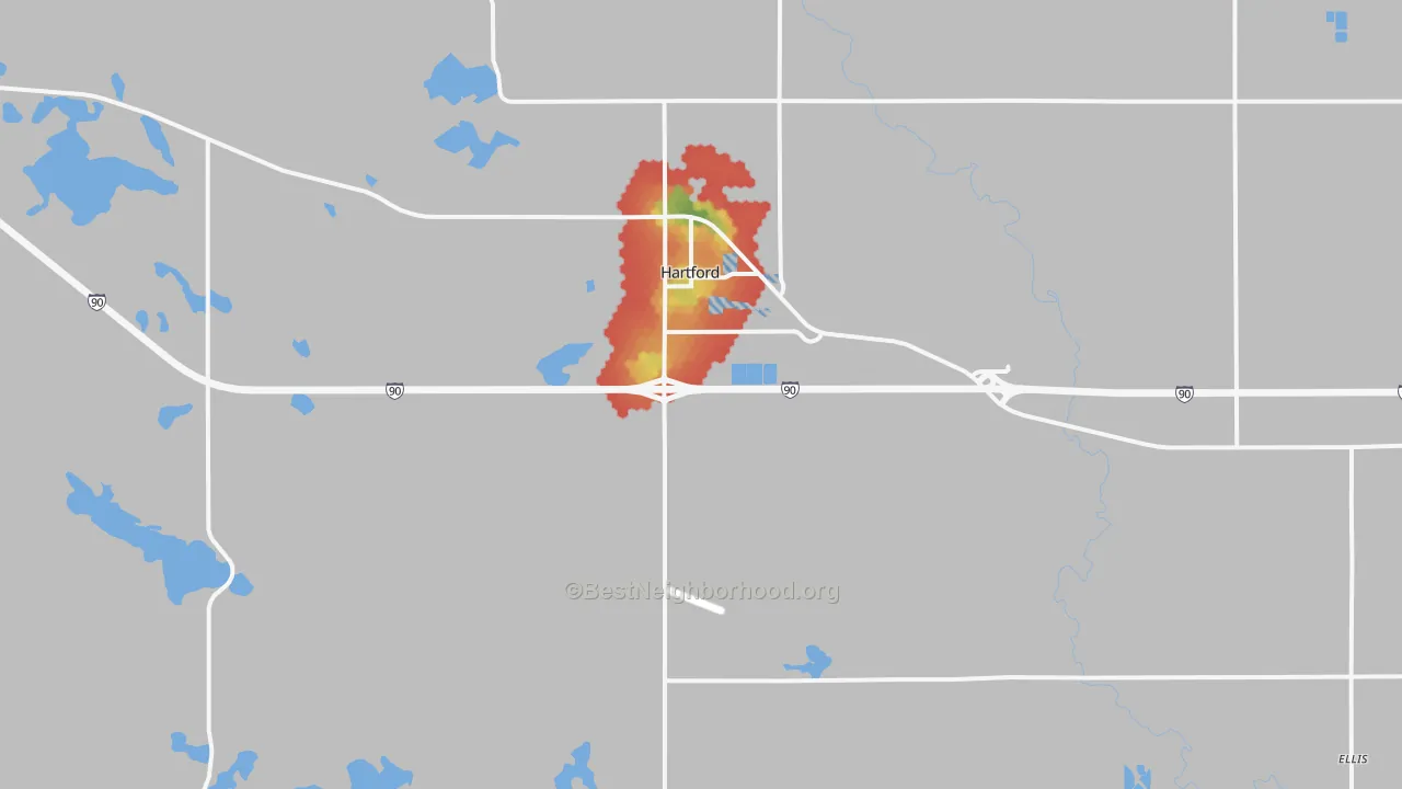 Walk Grade map of 57033, SD, walkable areas in green and car-dependent areas in red