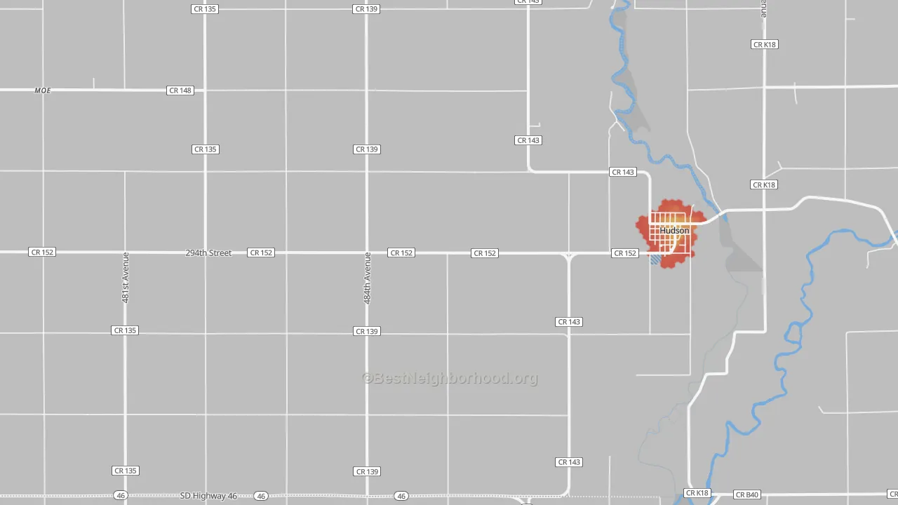 Walk Grade map of 57034, SD, walkable areas in green and car-dependent areas in red