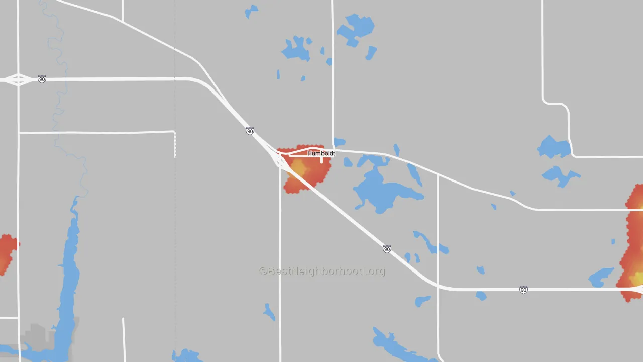 Walk Grade map of 57035, SD, walkable areas in green and car-dependent areas in red