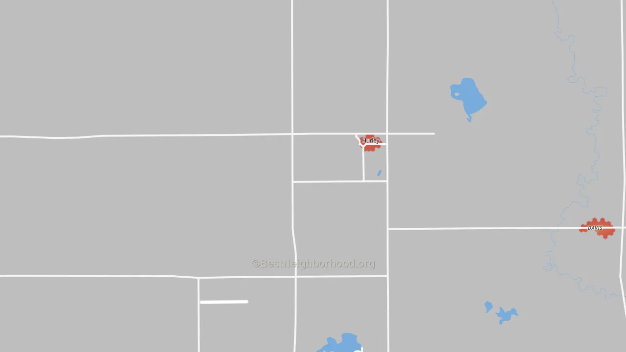 Walk Grade map of 57036, SD, walkable areas in green and car-dependent areas in red