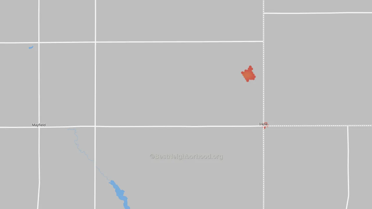 Walk Grade map of 57037, SD, walkable areas in green and car-dependent areas in red