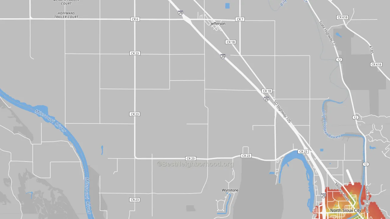 Walk Grade map of 57038, SD, walkable areas in green and car-dependent areas in red