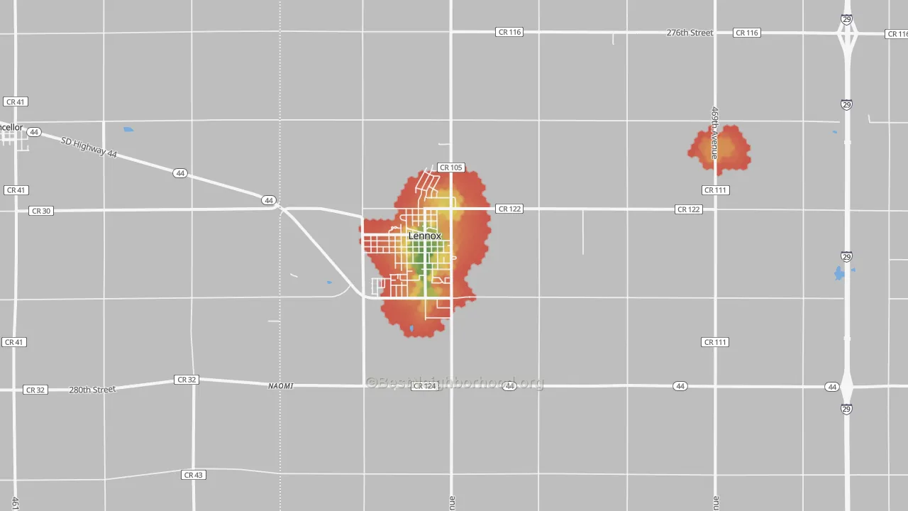 Walk Grade map of 57039, SD, walkable areas in green and car-dependent areas in red