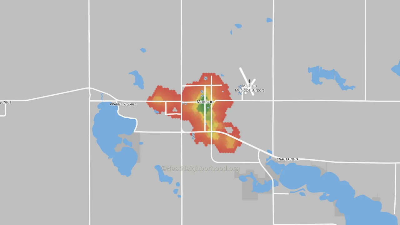 Walk Grade map of 57042, SD, walkable areas in green and car-dependent areas in red