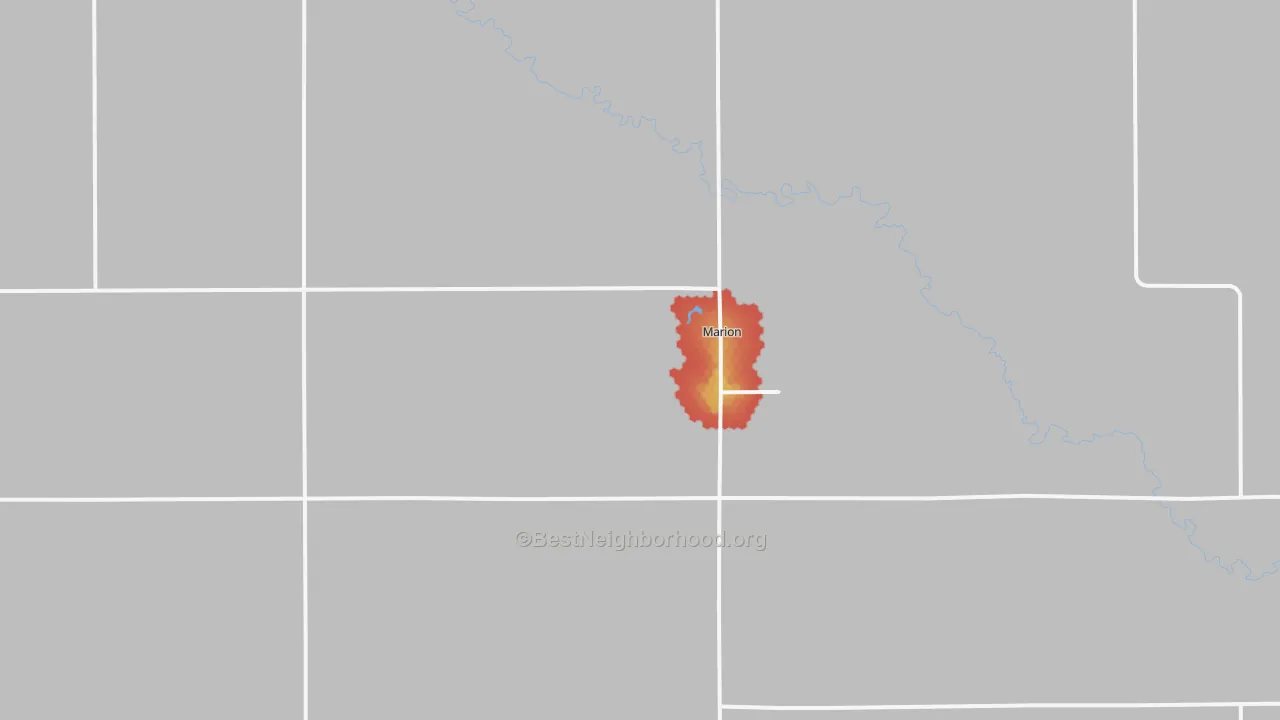 Walk Grade map of 57043, SD, walkable areas in green and car-dependent areas in red