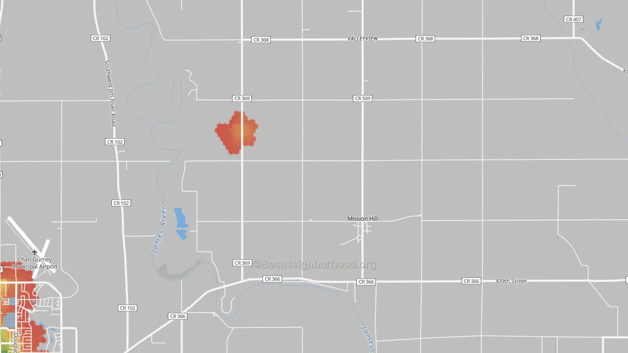 Walk Grade map of 57046, SD, walkable areas in green and car-dependent areas in red