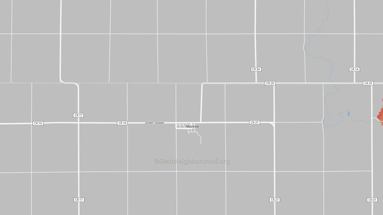 Walk Grade map of 57047, SD, walkable areas in green and car-dependent areas in red