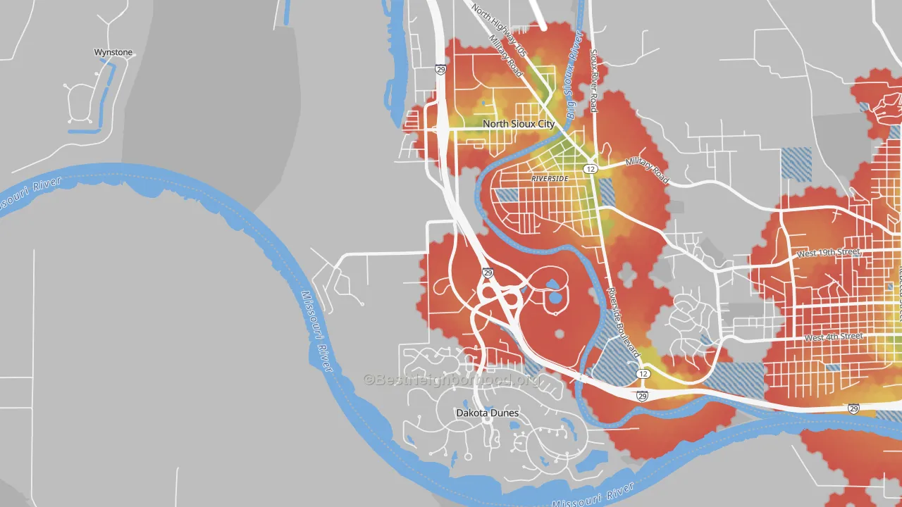 Walk Grade map of 57049, SD, walkable areas in green and car-dependent areas in red