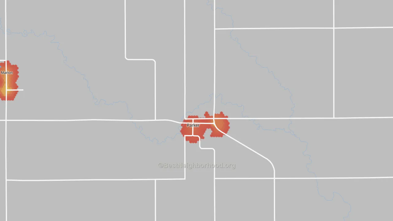 Walk Grade map of 57053, SD, walkable areas in green and car-dependent areas in red
