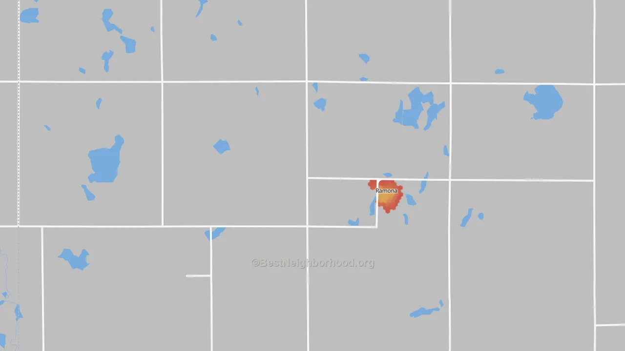 Walk Grade map of 57054, SD, walkable areas in green and car-dependent areas in red