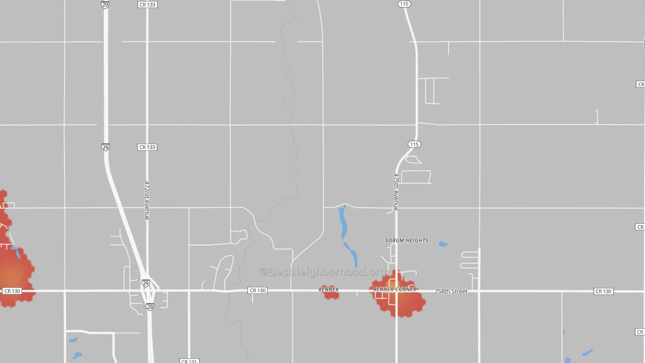 Walk Grade map of 57055, SD, walkable areas in green and car-dependent areas in red