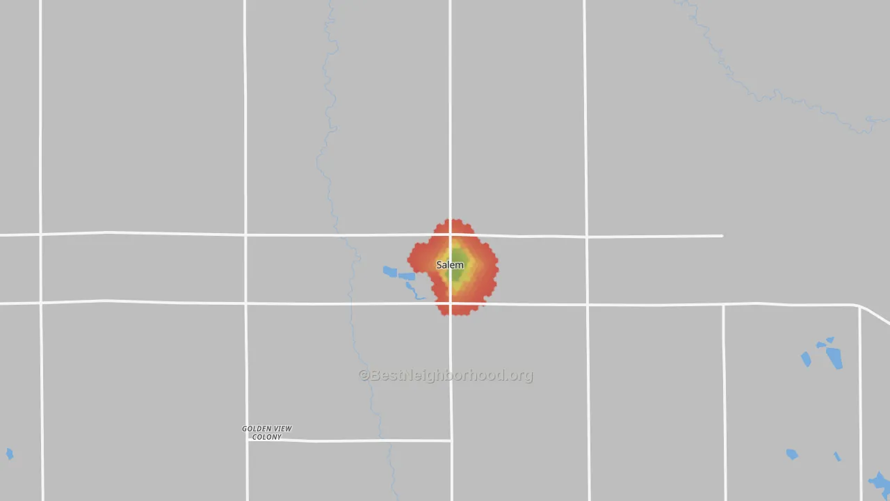 Walk Grade map of 57058, SD, walkable areas in green and car-dependent areas in red