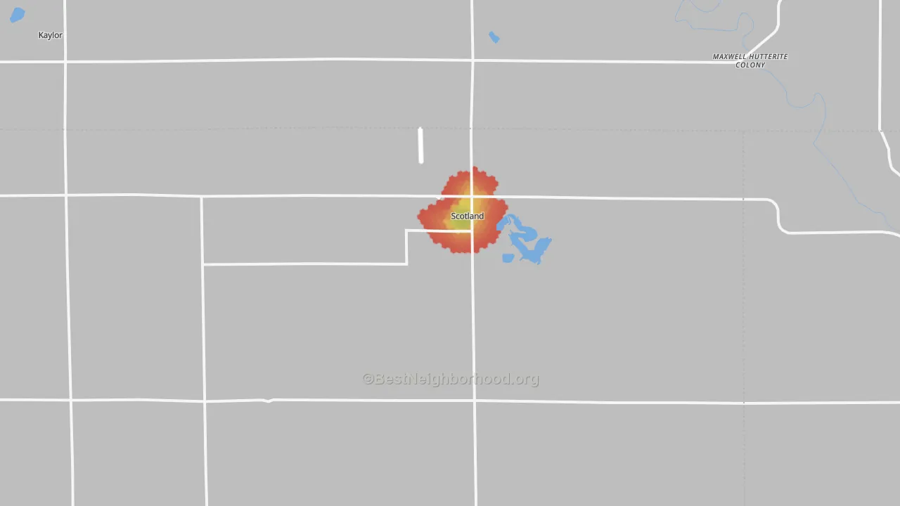 Walk Grade map of 57059, SD, walkable areas in green and car-dependent areas in red