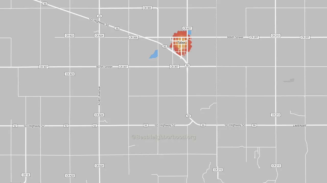 Walk Grade map of 57063, SD, walkable areas in green and car-dependent areas in red