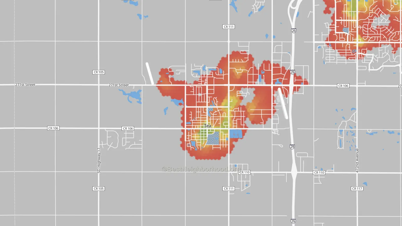 Walk Grade map of 57064, SD, walkable areas in green and car-dependent areas in red