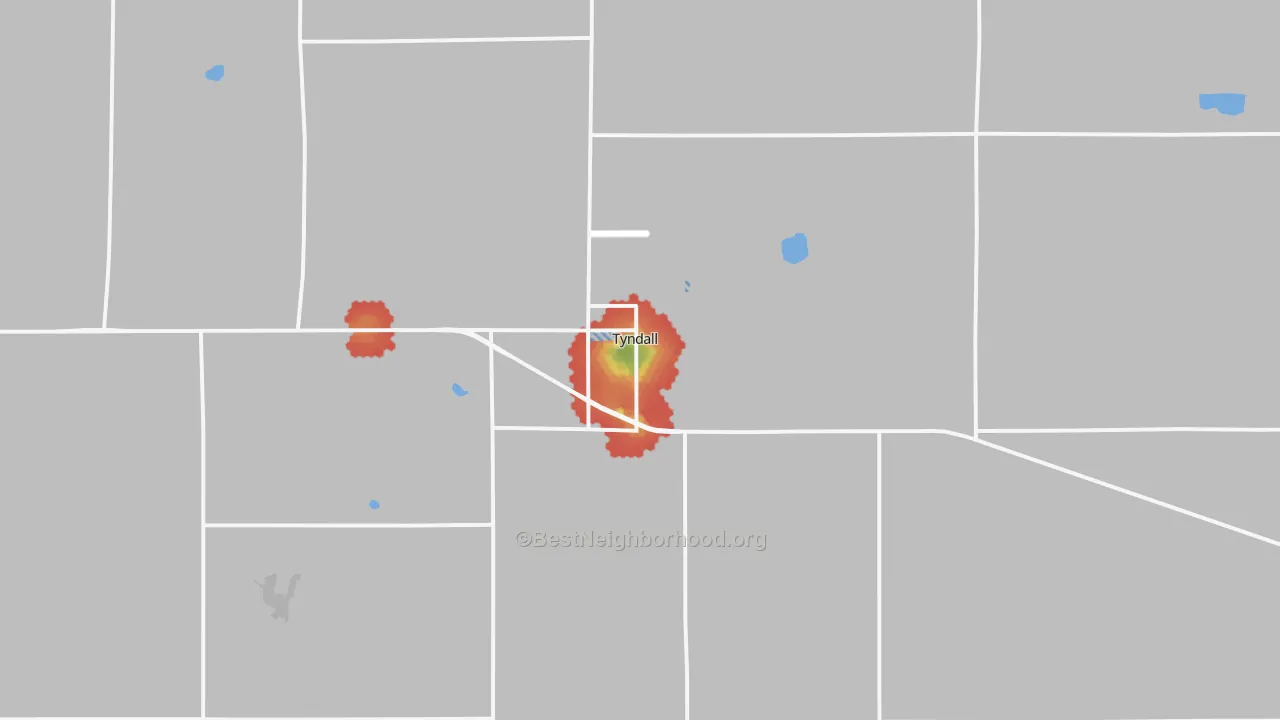 Walk Grade map of 57066, SD, walkable areas in green and car-dependent areas in red
