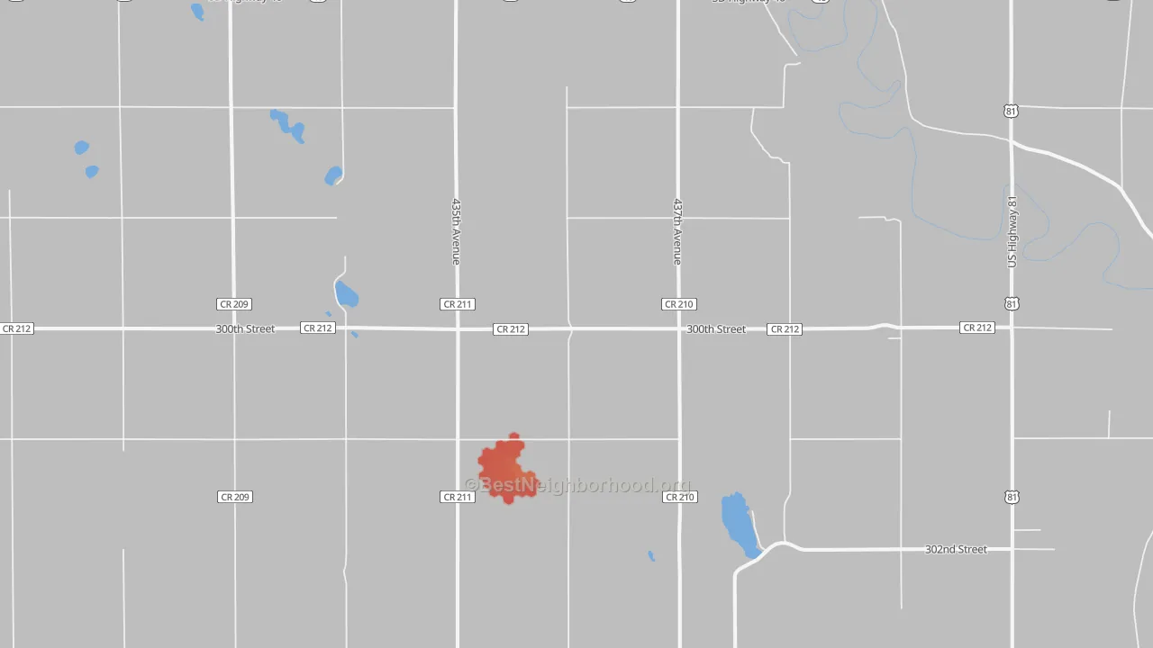 Walk Grade map of 57067, SD, walkable areas in green and car-dependent areas in red