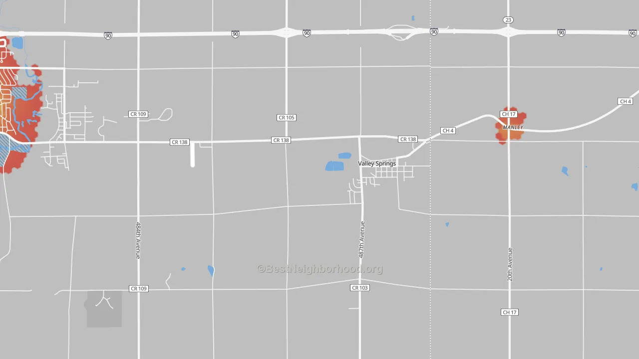 Walk Grade map of 57068, SD, walkable areas in green and car-dependent areas in red