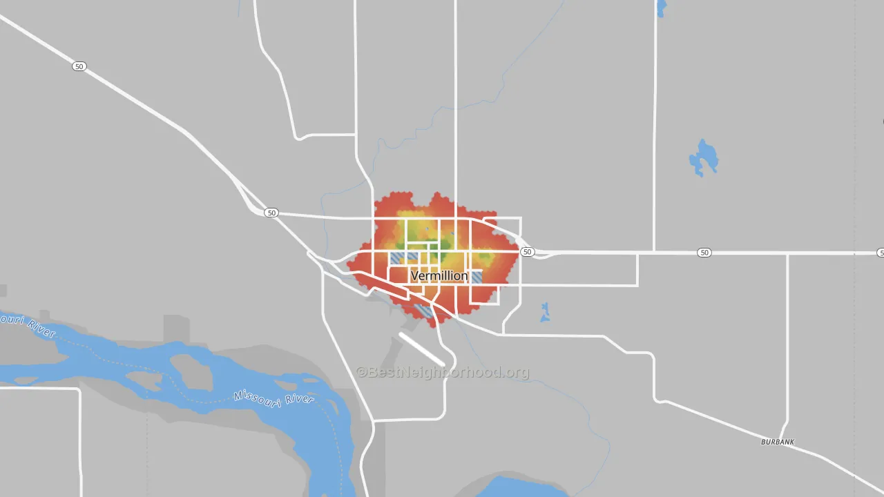 Walk Grade map of 57069, SD, walkable areas in green and car-dependent areas in red