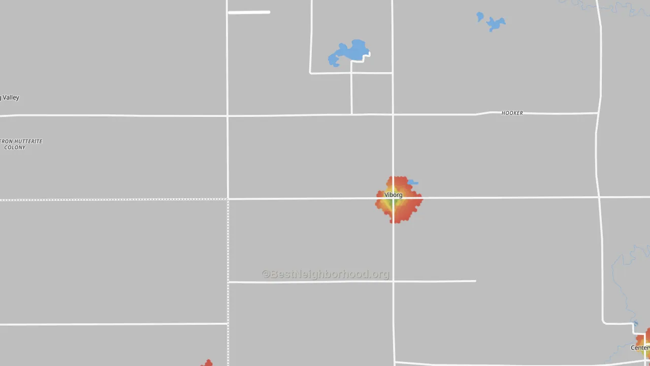 Walk Grade map of 57070, SD, walkable areas in green and car-dependent areas in red