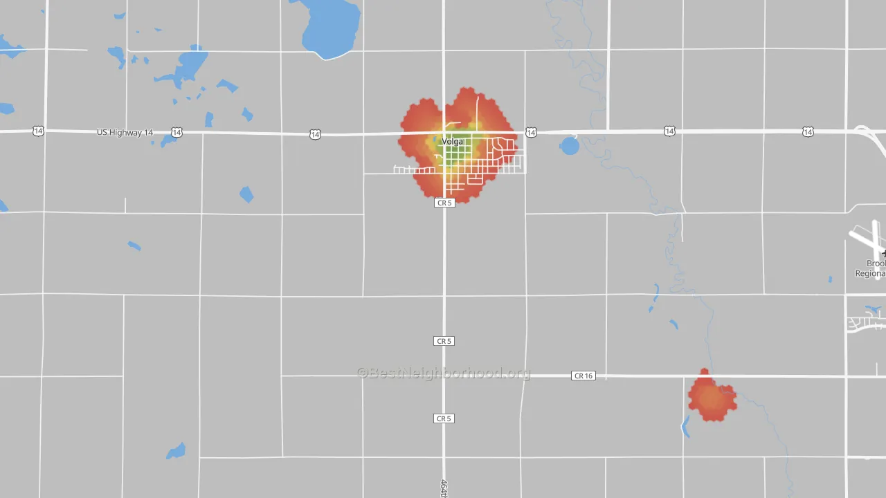 Walk Grade map of 57071, SD, walkable areas in green and car-dependent areas in red