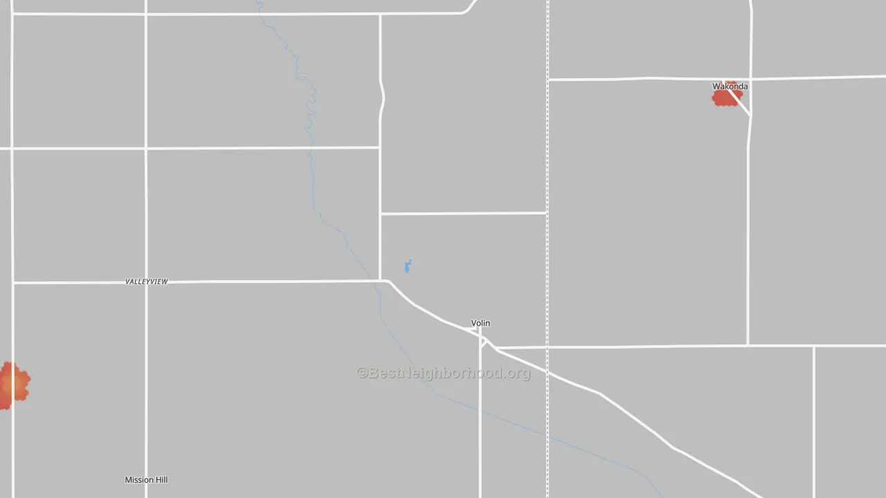 Walk Grade map of 57072, SD, walkable areas in green and car-dependent areas in red