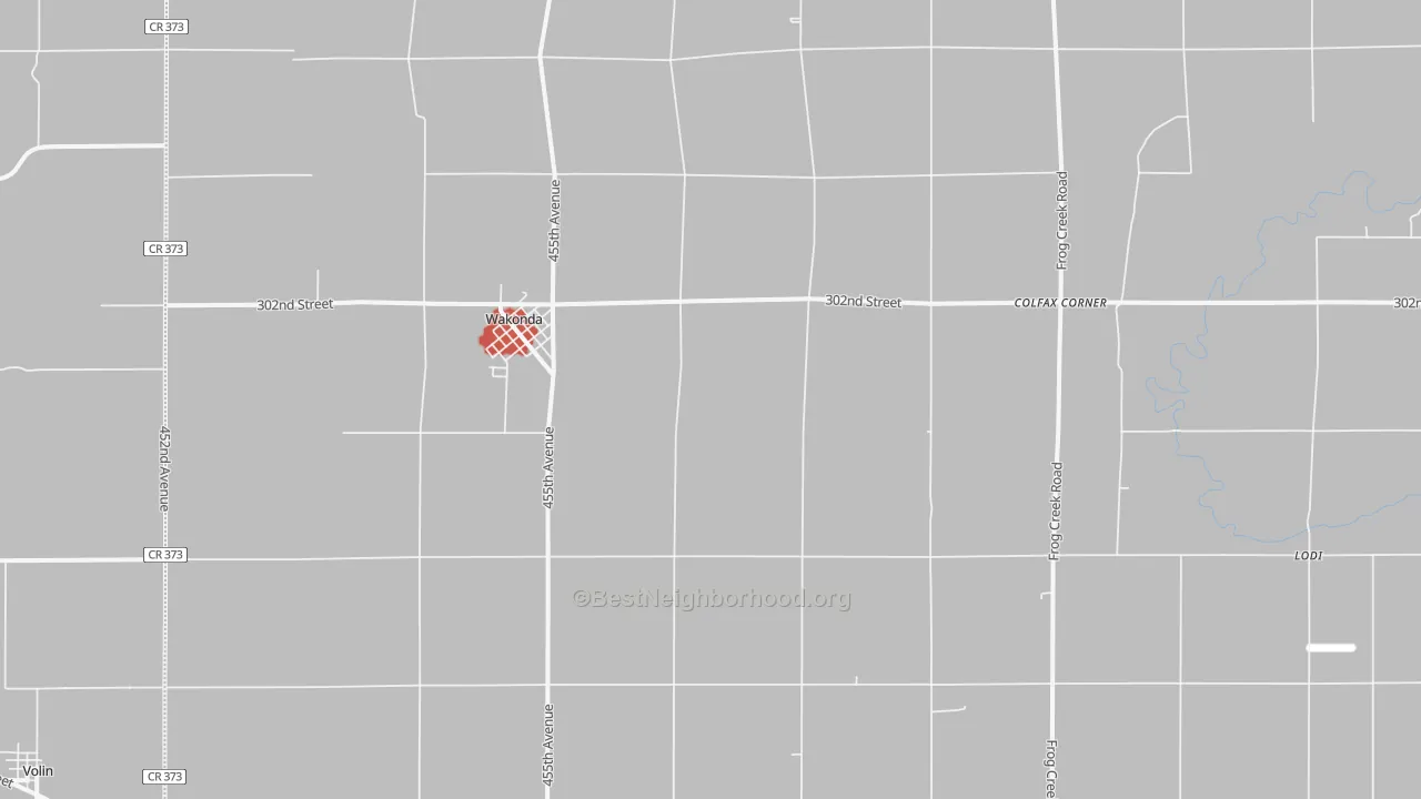 Walk Grade map of 57073, SD, walkable areas in green and car-dependent areas in red