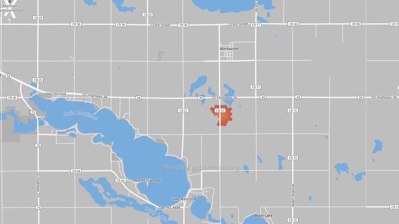 Walk Grade map of 57075, SD, walkable areas in green and car-dependent areas in red