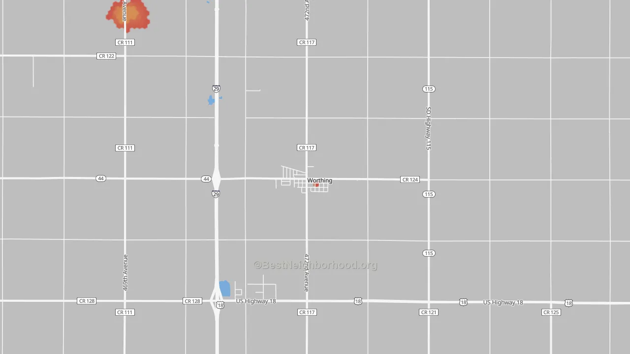Walk Grade map of 57077, SD, walkable areas in green and car-dependent areas in red