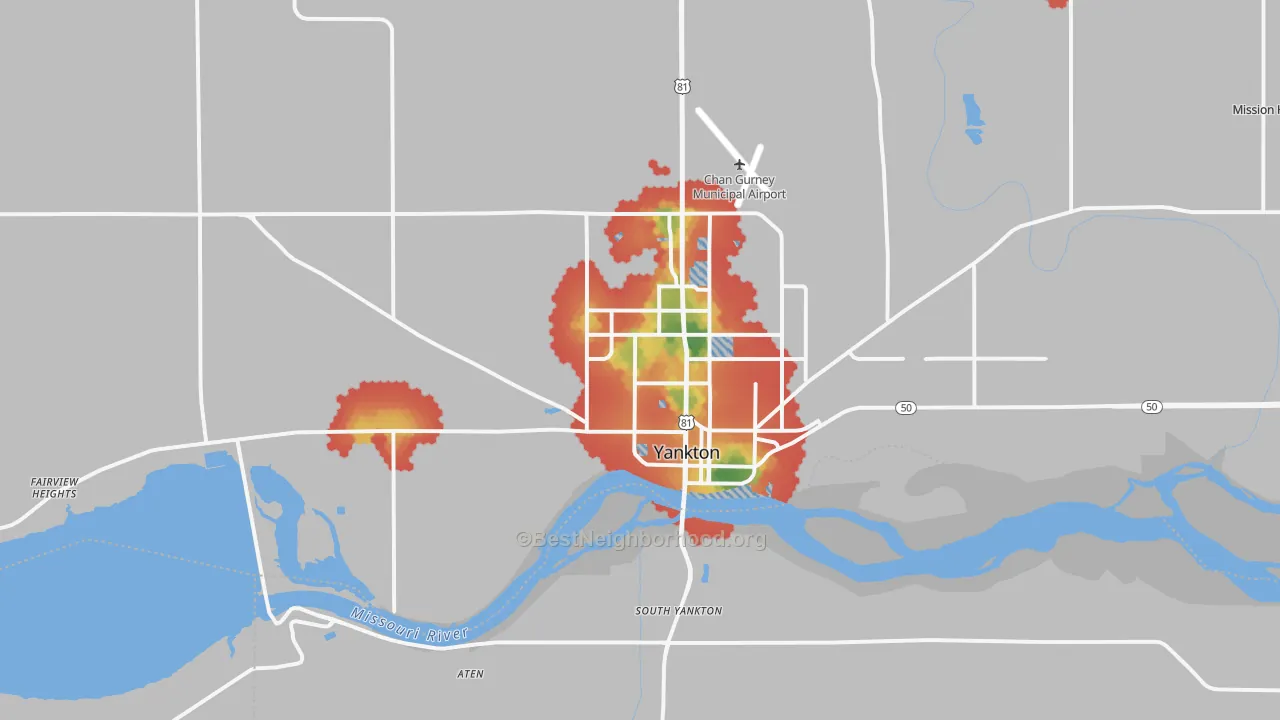 Walk Grade map of 57078, SD, walkable areas in green and car-dependent areas in red