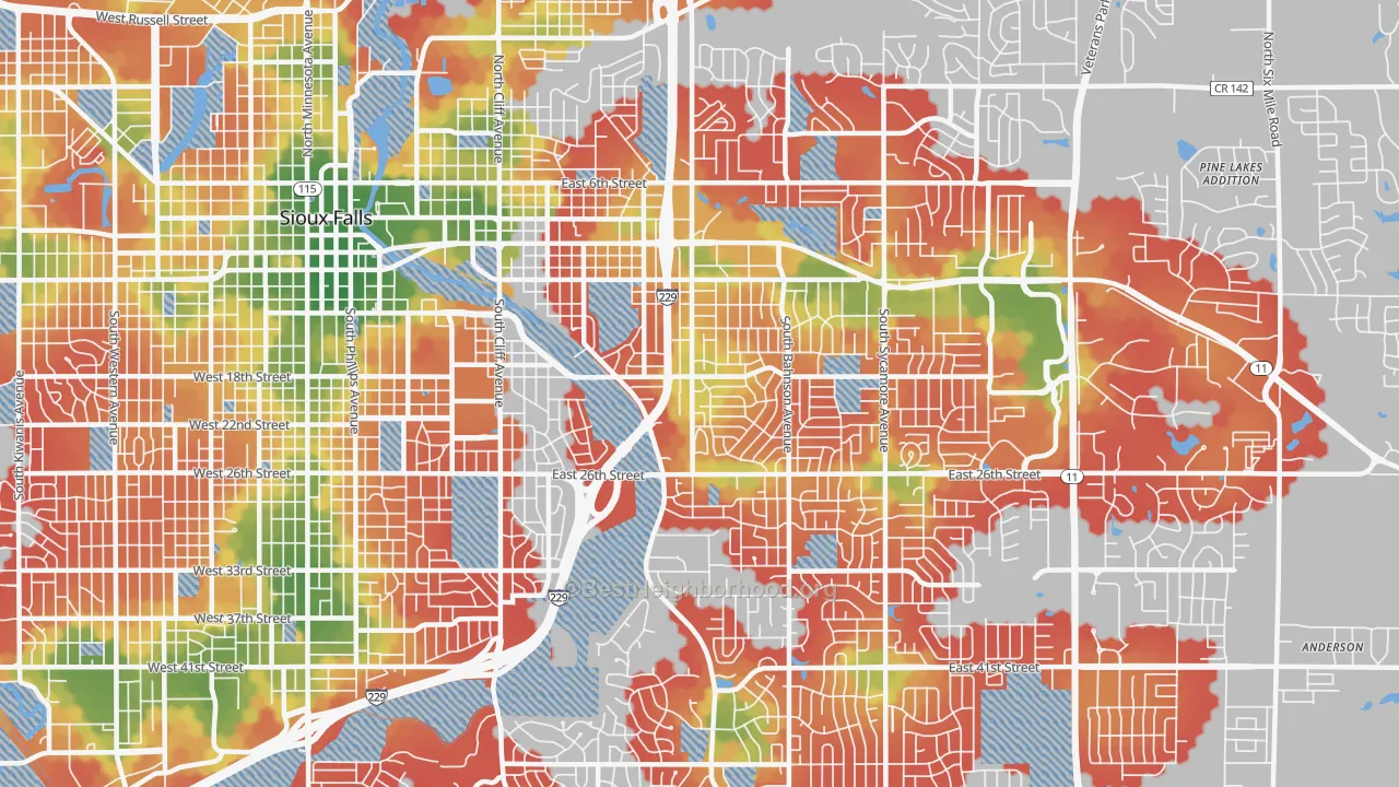 Walk Grade map of 57103, SD, walkable areas in green and car-dependent areas in red