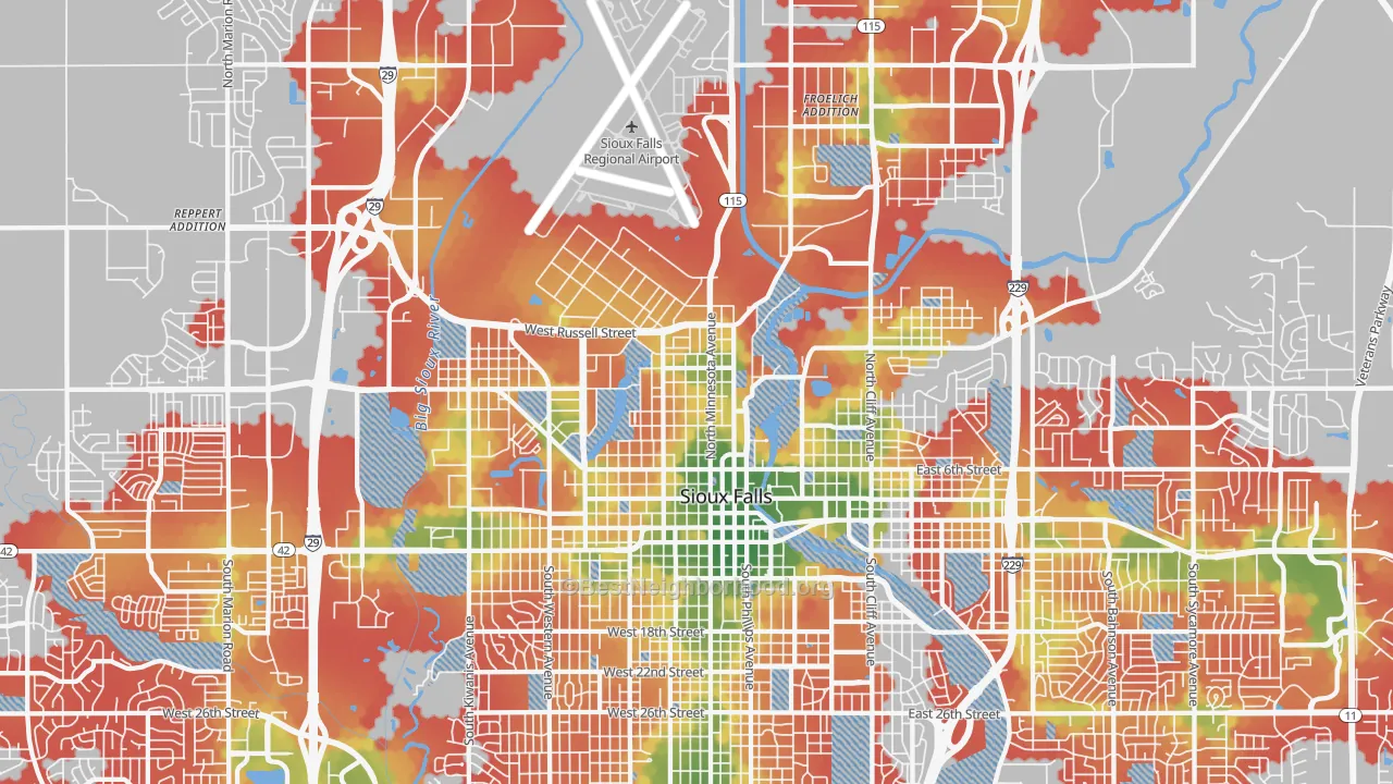 Walk Grade map of 57104, SD, walkable areas in green and car-dependent areas in red
