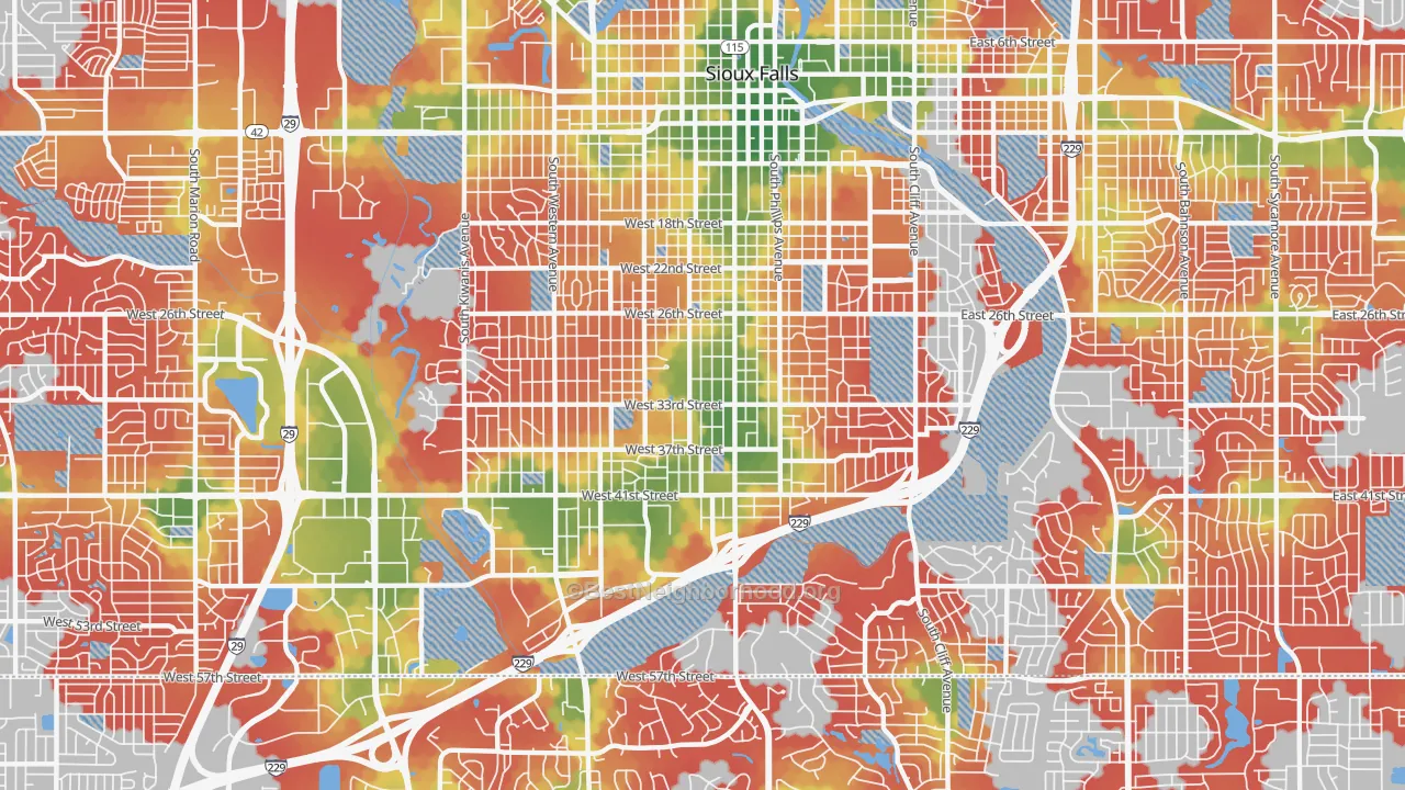 Walk Grade map of 57105, SD, walkable areas in green and car-dependent areas in red