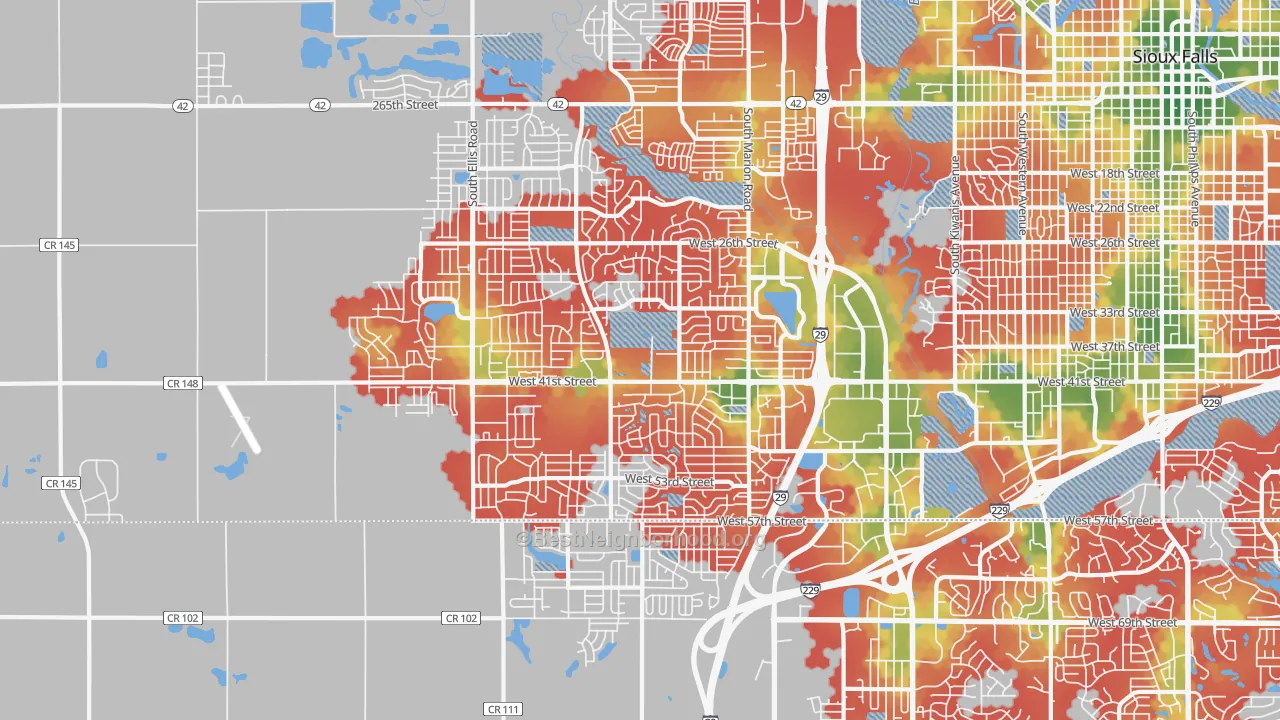 Walk Grade map of 57106, SD, walkable areas in green and car-dependent areas in red