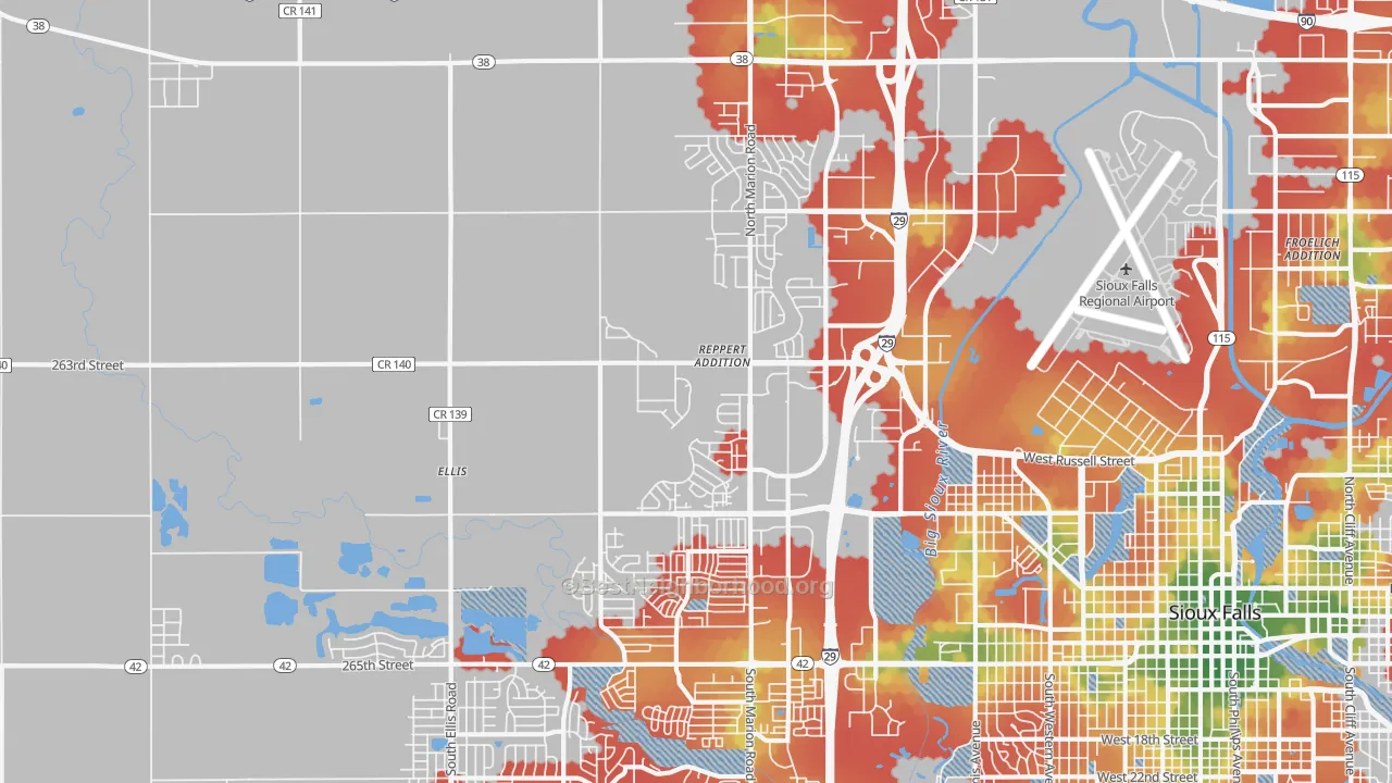 Walk Grade map of 57107, SD, walkable areas in green and car-dependent areas in red