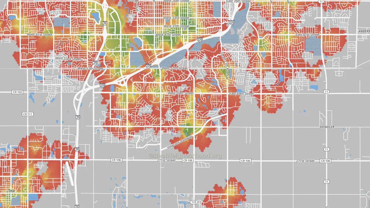 Walk Grade map of 57108, SD, walkable areas in green and car-dependent areas in red