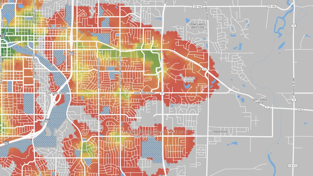 Walk Grade map of 57110, SD, walkable areas in green and car-dependent areas in red