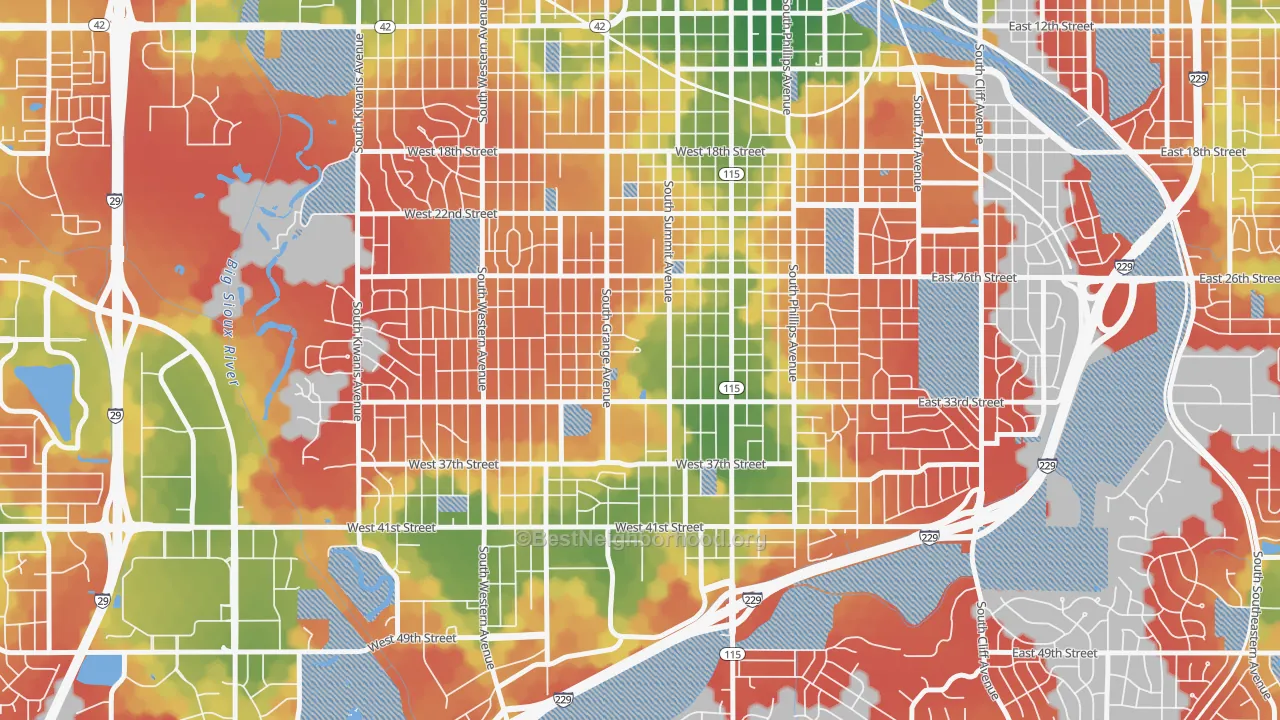 Walk Grade map of 57197, SD, walkable areas in green and car-dependent areas in red