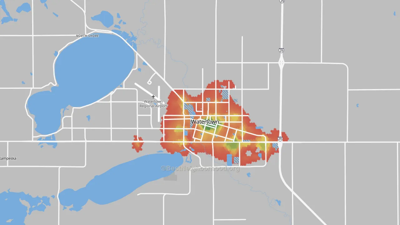 Walk Grade map of 57201, SD, walkable areas in green and car-dependent areas in red