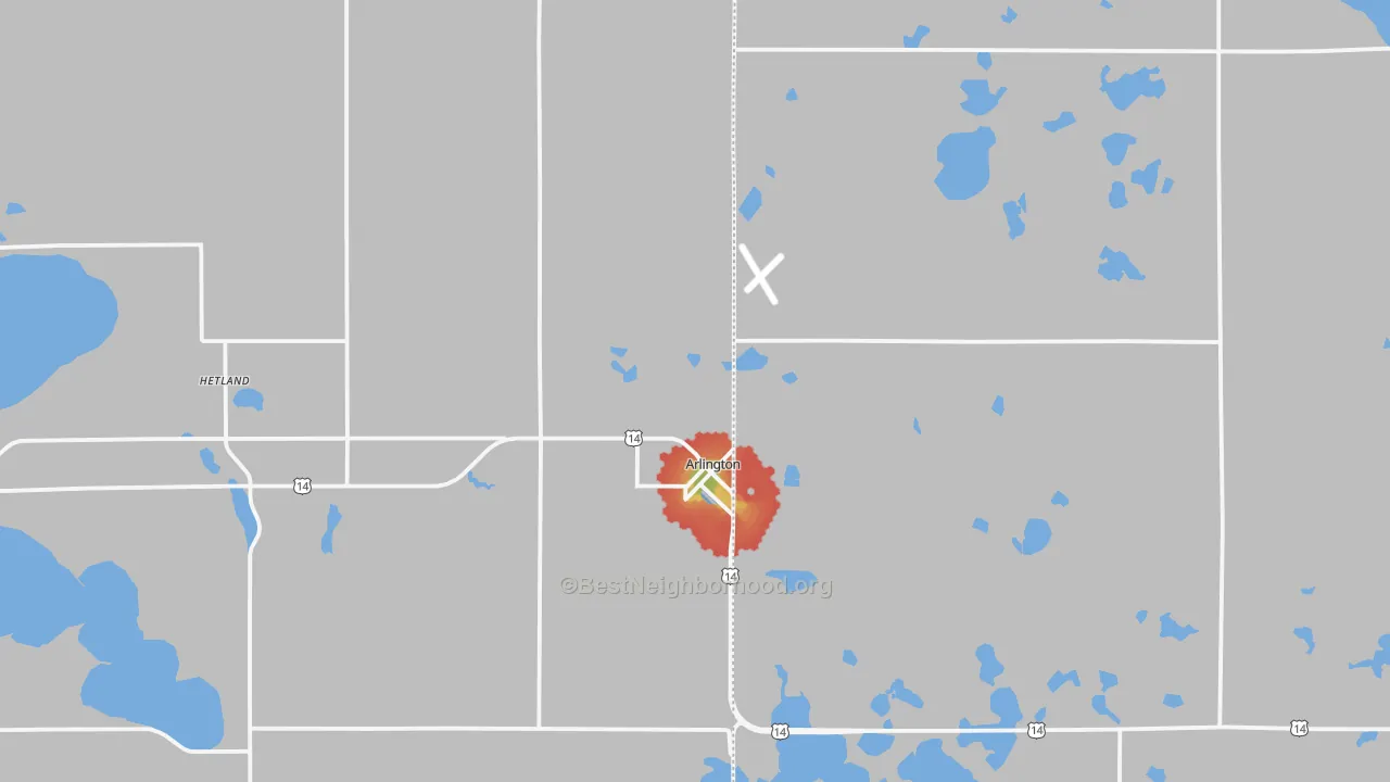 Walk Grade map of 57212, SD, walkable areas in green and car-dependent areas in red