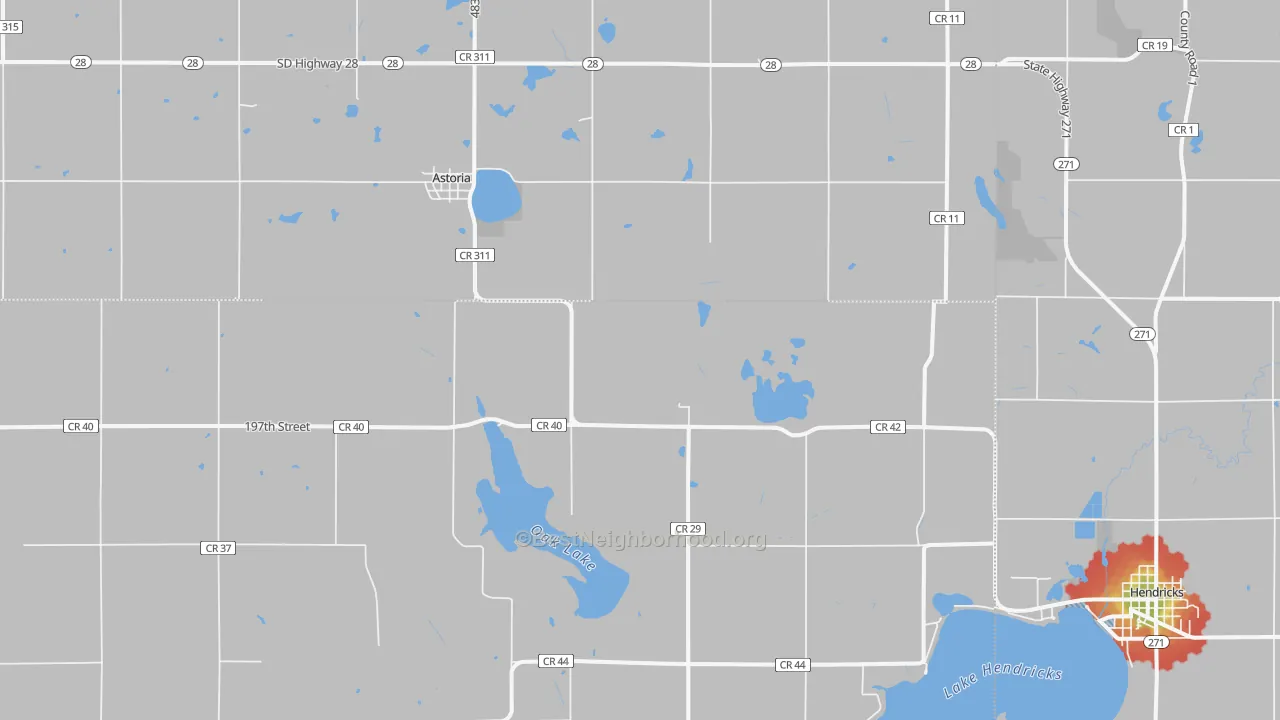 Walk Grade map of 57213, SD, walkable areas in green and car-dependent areas in red