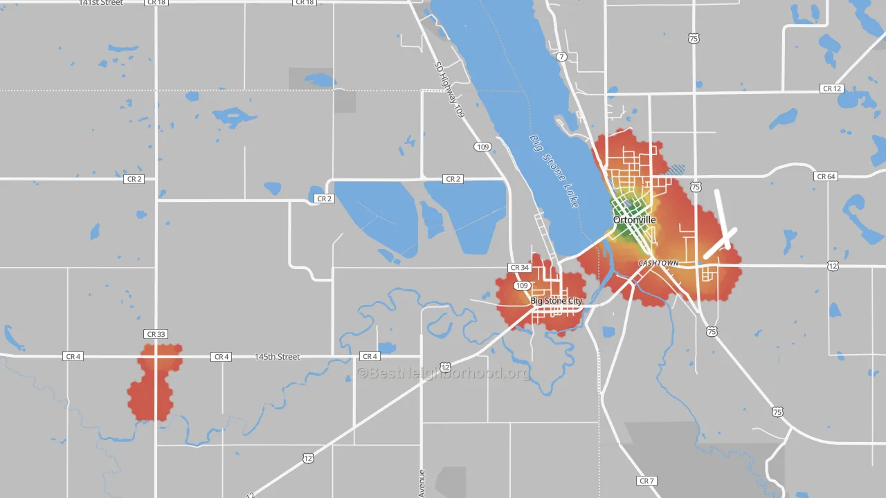 Walk Grade map of 57216, SD, walkable areas in green and car-dependent areas in red