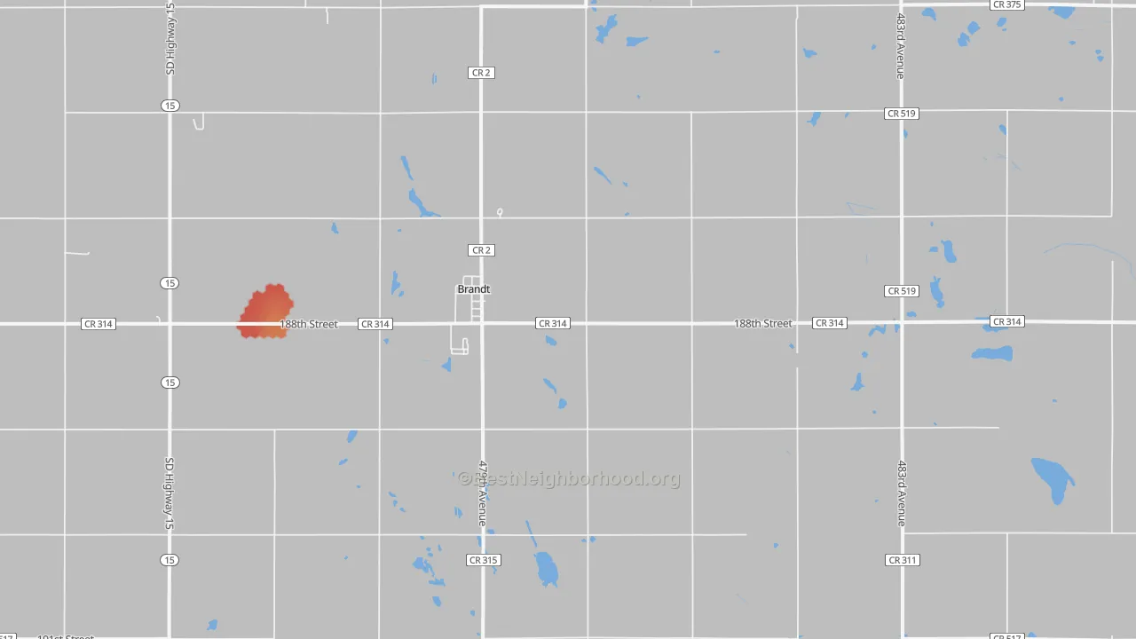 Walk Grade map of 57218, SD, walkable areas in green and car-dependent areas in red